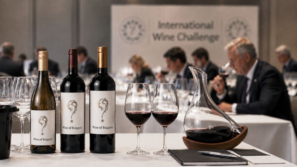 Why Bulgarian Wine? Discover the Wines of Bulgaria | Bulwine.com Bulgarian wine bottles with question-mark labels at an international wine tasting, inviting wine lovers to discover the wines of Bulgaria